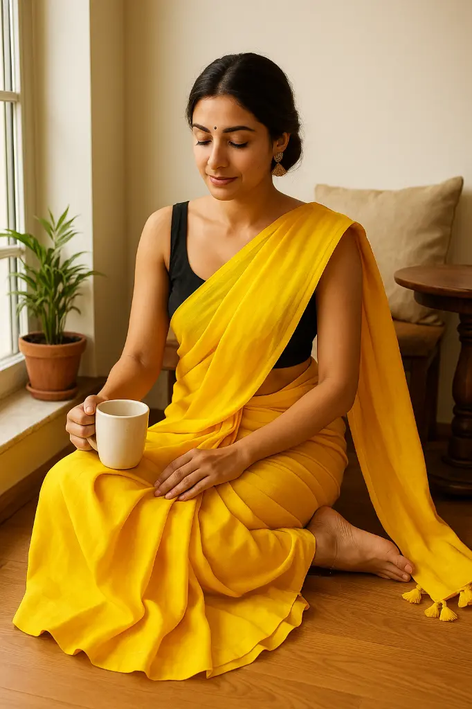 Linen-yellow saree-model-4.webp