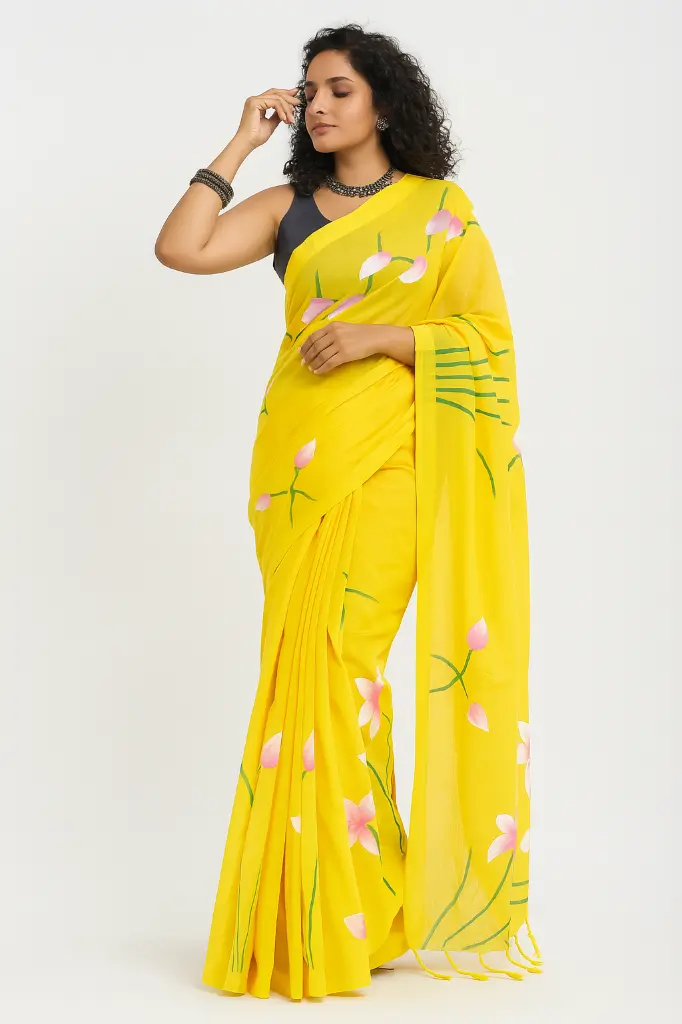 Linen-cotton-hand-painted-yellow-saree-3.webp